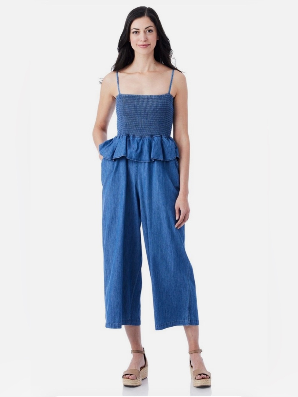 Tommy Hilfiger Blue Smocked Peplum Denim Jumpsuit